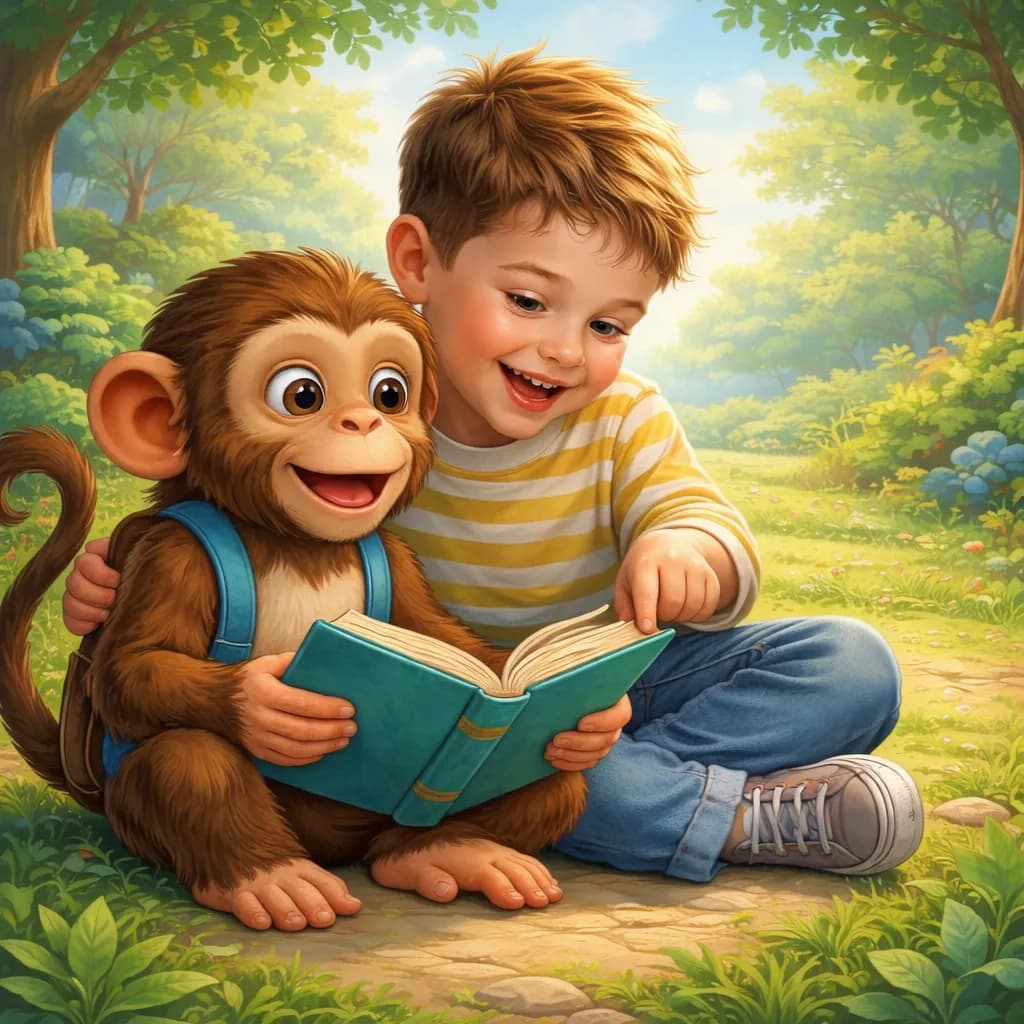 A happy boy reading a book with a friendly monkey character in a park