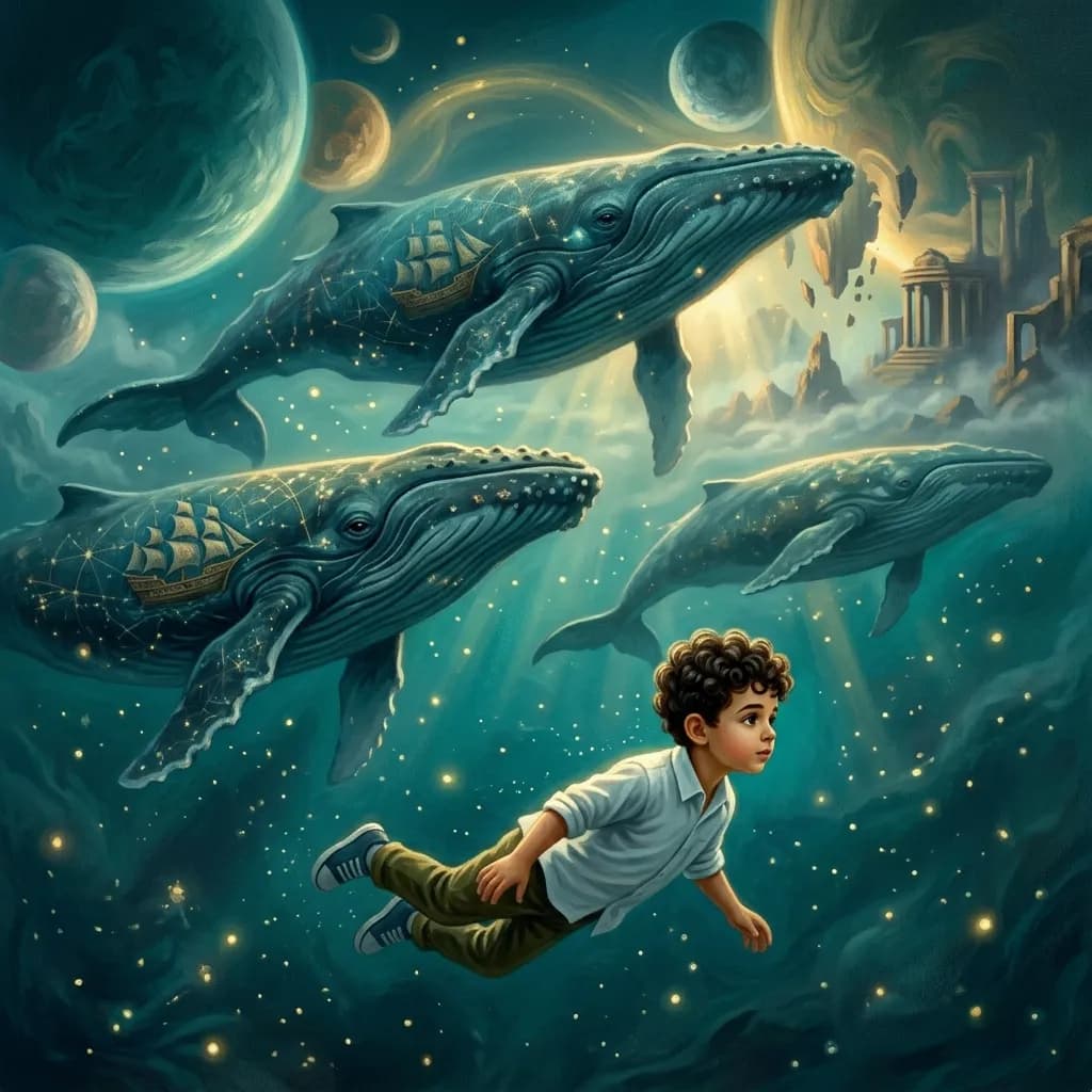 A boy floating through a starlit ocean sky alongside majestic whales